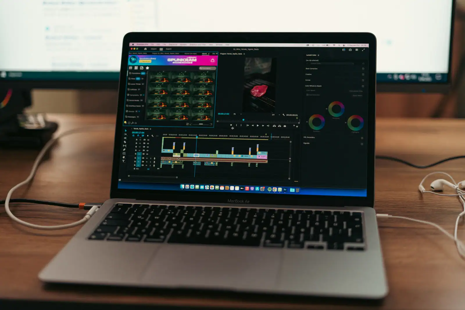 Ordinateur portable affichant un logiciel de montage vidéo et sa timeline, posé sur un bureau en bois