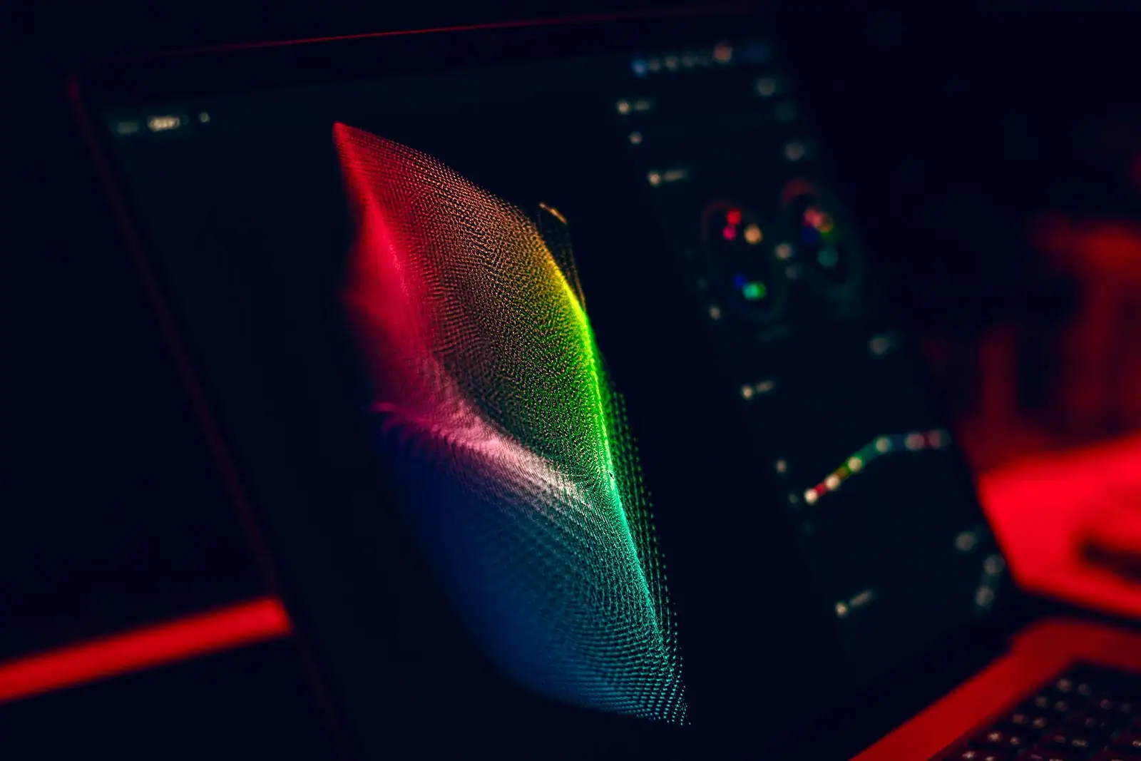 Création numérique colorée en dégradé rouge, vert et bleu affichée sur un écran d'ordinateur avec interface de création